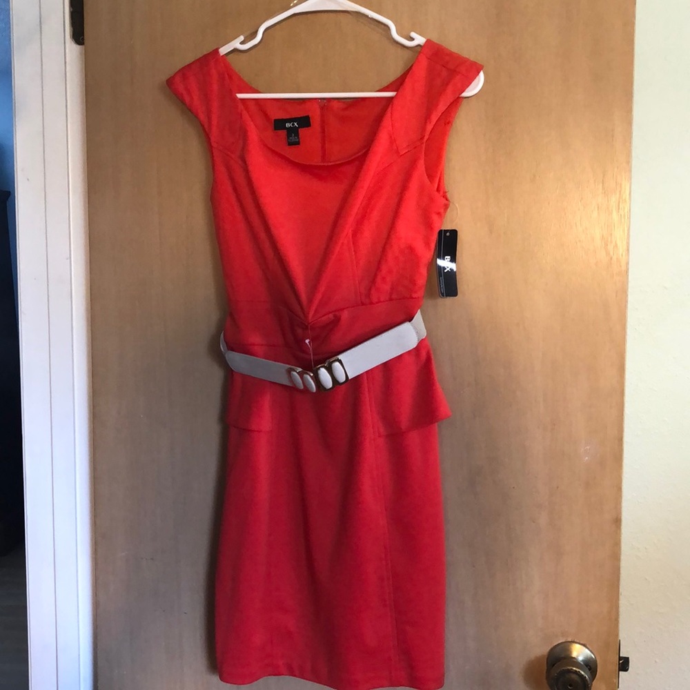 NWT BCX Eyecatching Dress Peplum Sides Stretchy Belt Zip Back Orange Size 3